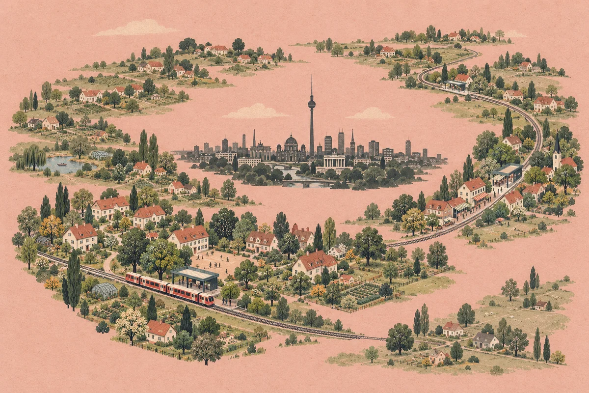 Bahnverbindung zwischen Berlin und Wohnhäusern im grünen Umland